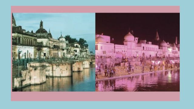 Side-by-side comparison of Ayodhya Ghats – on the left, a historic view of the ancient ghats during daytime with heritage structures; on the right, a modern illuminated view of the same ghats at night, glowing in vibrant pink light with visitors along the riverban