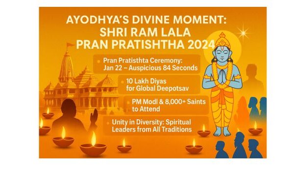 “1kRadiant Jubilation: Ayodhya’s ‘Shri Ram Lala Pran Pratishtha’ Triumph Glows with Divine Splendor Unveiled” A festive digital graphic highlighting the Shri Ram Lala Pran Pratishtha ceremony in Ayodhya with visuals of lamps, Ram Mandir, and cultural elements