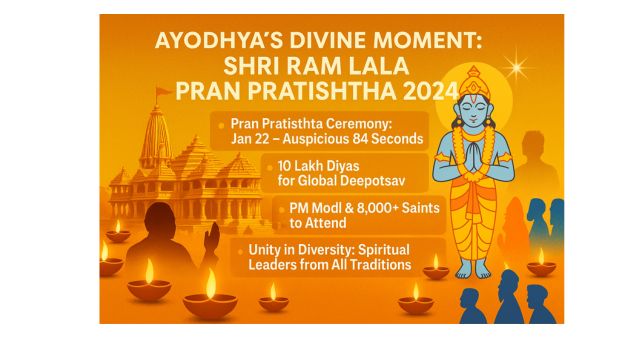 A festive digital graphic highlighting the Shri Ram Lala Pran Pratishtha ceremony in Ayodhya with visuals of lamps, Ram Mandir, and cultural elements