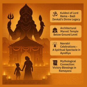 "Illustration of Badi Devkali Mandir in Ayodhya showing the goddess seated above the temple sanctum with trident and lotus, surrounded by festive lamps. In the foreground, young Lord Rama and Mata Kaushalya walk hand-in-hand toward the temple. Four key highlights are listed: Kuldevi of Lord Rama, architectural marvel below ground level, Navratri celebrations in Ayodhya, and mythological blessings in the Ramayana