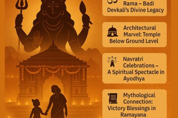 Discover 5 Fascinating Facts About Badi Devkali Mandir That Celebrate Ayodhya’s Sacred Heritage "Illustration of Badi Devkali Mandir in Ayodhya showing the goddess seated above the temple sanctum with trident and lotus, surrounded by festive lamps. In the foreground, young Lord Rama and Mata Kaushalya walk hand-in-hand toward the temple. Four key highlights are listed: Kuldevi of Lord Rama, architectural marvel below ground level, Navratri celebrations in Ayodhya, and mythological blessings in the Ramayana