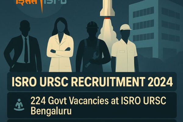 ISRO URSC Recruitment 2024: Unmissable Golden Opportunity for 224 Prestigious Positions Across Various Disciplines ISRO URSC Recruitment 2024 digital poster featuring 224 job vacancies at ISRO Bengaluru, with silhouettes of professionals, a rocket launch, and key details including application dates, post categories, and ISRO logo in a blue space-themed background