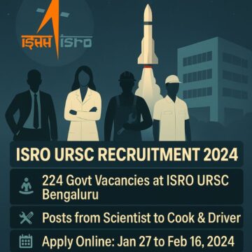 ISRO URSC Recruitment 2024 digital poster featuring 224 job vacancies at ISRO Bengaluru, with silhouettes of professionals, a rocket launch, and key details including application dates, post categories, and ISRO logo in a blue space-themed background