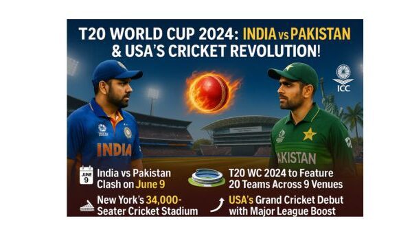 Promotional graphic for T20 World Cup 2024 showing India vs Pakistan players with a fiery cricket ball between them, highlighting the June 9 clash at New York’s Nassau County Stadium, along with key tournament facts like 20 teams, 9 venues, and USA’s cricket debut.