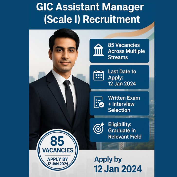 GIC Assistant Manager (Scale I) Recruitment 2023 poster featuring a professional young man in a suit, with key details highlighted: 85 vacancies across multiple streams, last date to apply is 12 Jan 2024, selection through written exam and interview, and eligibility requires a graduate degree in a relevant field.