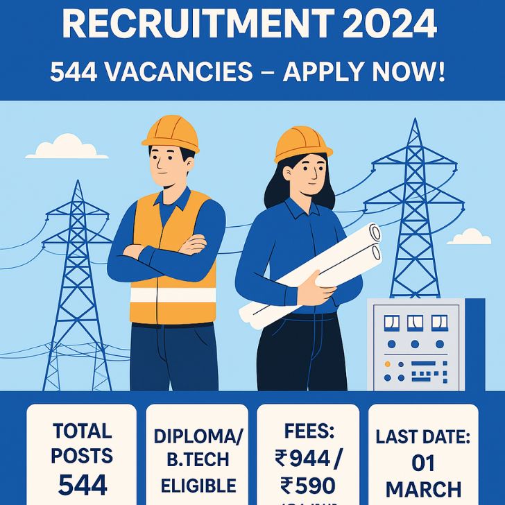Illustration of male and female engineers standing in front of electrical substation with PSPCL Junior Engineer Recruitment 2024 text, highlighting 544 vacancies, diploma/B.Tech eligibility, fee details, and last date to apply