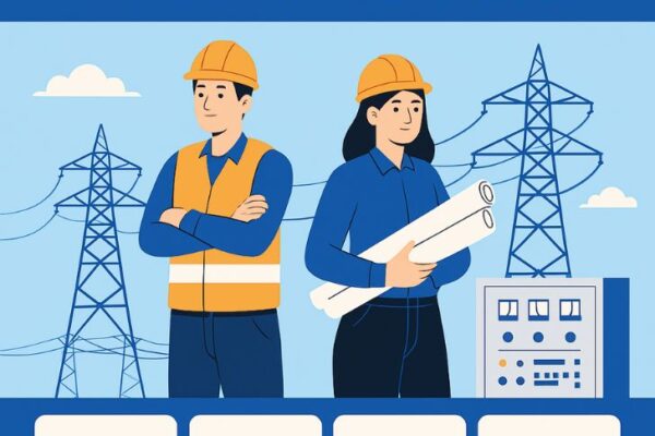 “PSPCL JE Recruitment 2024: Apply Now for 544 Junior Engineer Vacancies in Punjab Power Corporation!” Illustration of male and female engineers standing in front of electrical substation with PSPCL Junior Engineer Recruitment 2024 text, highlighting 544 vacancies, diploma/B.Tech eligibility, fee details, and last date to apply