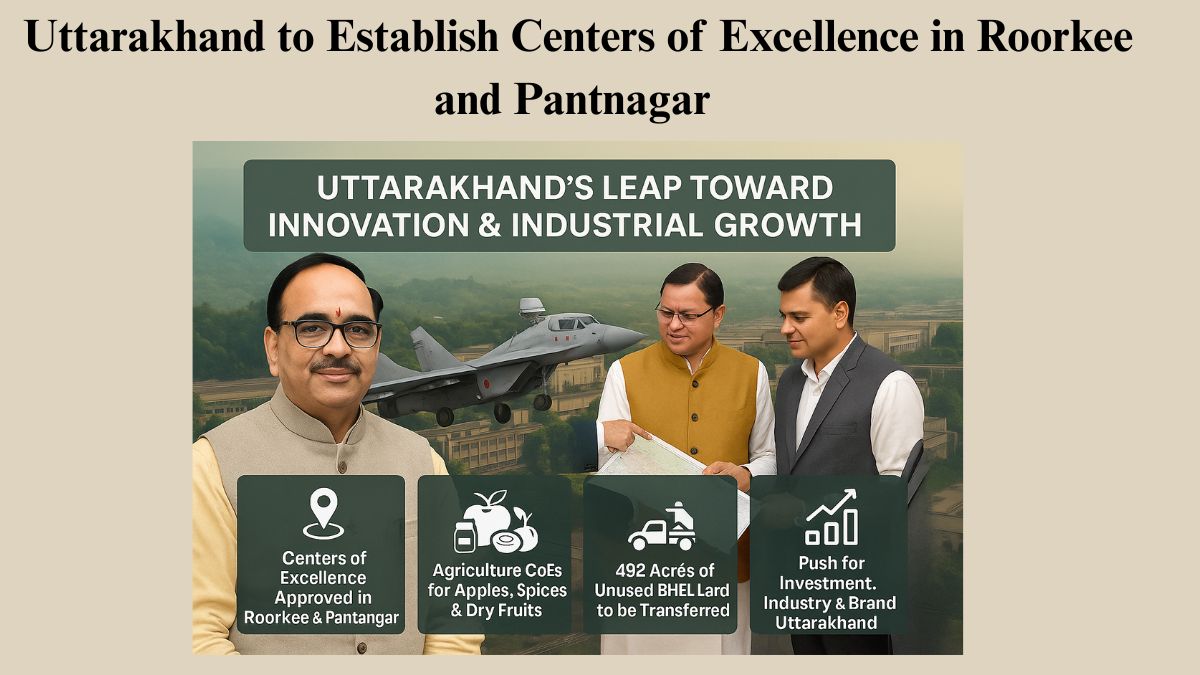 Uttarakhand’s industrial push graphic showing ministers with map, fighter jet, and icons for Centers of Excellence, agriculture, land transfer, and investment.