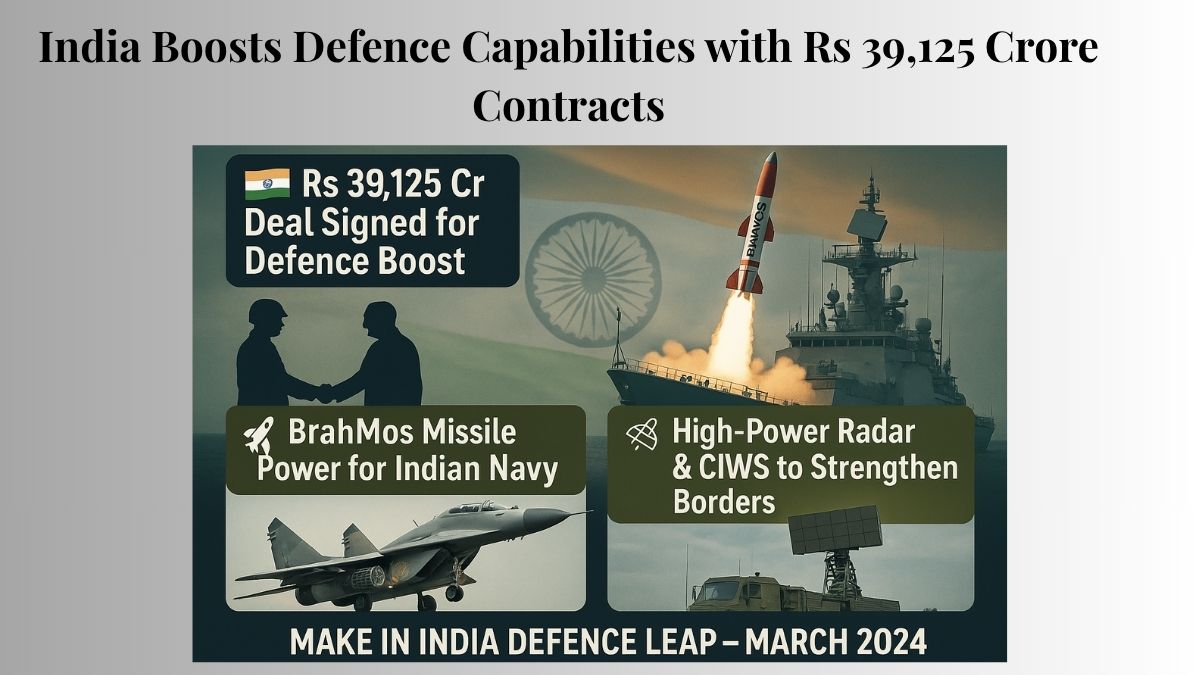 India’s Rs 39,125 crore defence deal graphic showing BrahMos launch, MiG-29 jet, radar system, and handshake, with “Make in India Defence Leap – March 2024” text