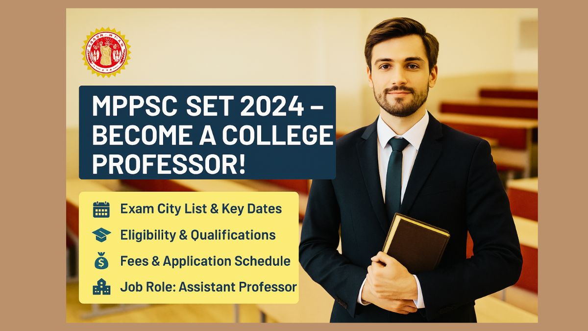 Promotional image for MPPSC SET 2024 featuring a confident young professor holding books, with four bold highlights: “Application Dates,” “Eligibility,” “Exam Cities,” and “Fees & Process.” A college campus is in the background, symbolizing academic success.