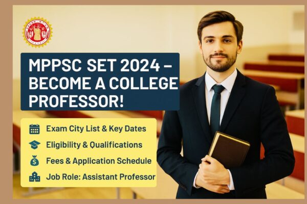 MPPSC SET 2024: Become an Assistant Professor in Madhya Pradesh! Promotional image for MPPSC SET 2024 featuring a confident young professor holding books, with four bold highlights: “Application Dates,” “Eligibility,” “Exam Cities,” and “Fees & Process.” A college campus is in the background, symbolizing academic success.