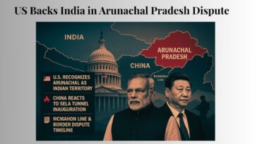 Map of Arunachal Pradesh with Modi, Xi, U.S. Capitol, and key points on India-China border dispute.
