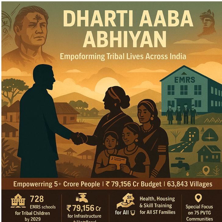 Illustration of Dharti Aaba Abhiyan showing tribal community, village development, education, and infrastructure symbols