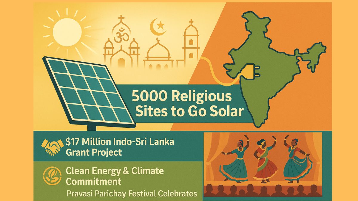 Illustration showing India's $17 million solar project to power 5,000 religious sites in Sri Lanka, highlighting solar panels, religious symbols, India-Sri Lanka map connection, clean energy message, and Indian cultural dancers representing the Pravasi Parichay festival.