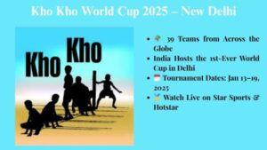 Kho Kho World Cup 2025 graphic showing players in action, global flags, event dates, and India as the host nation.