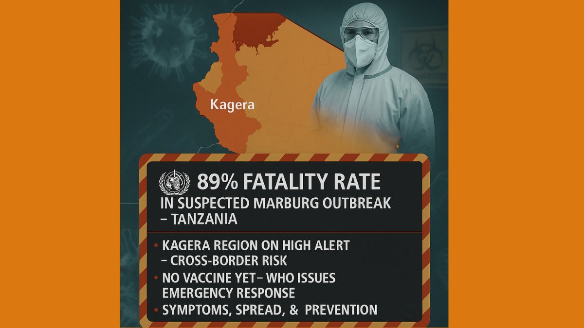 A digital infographic highlighting the suspected Marburg virus outbreak in Kagera, Tanzania. The image includes a map of the affected region, a healthcare worker in full protective gear, and a caution-themed information box displaying key facts: 89% fatality rate, cross-border risk, no vaccine availability, and details on symptoms, spread, and prevention