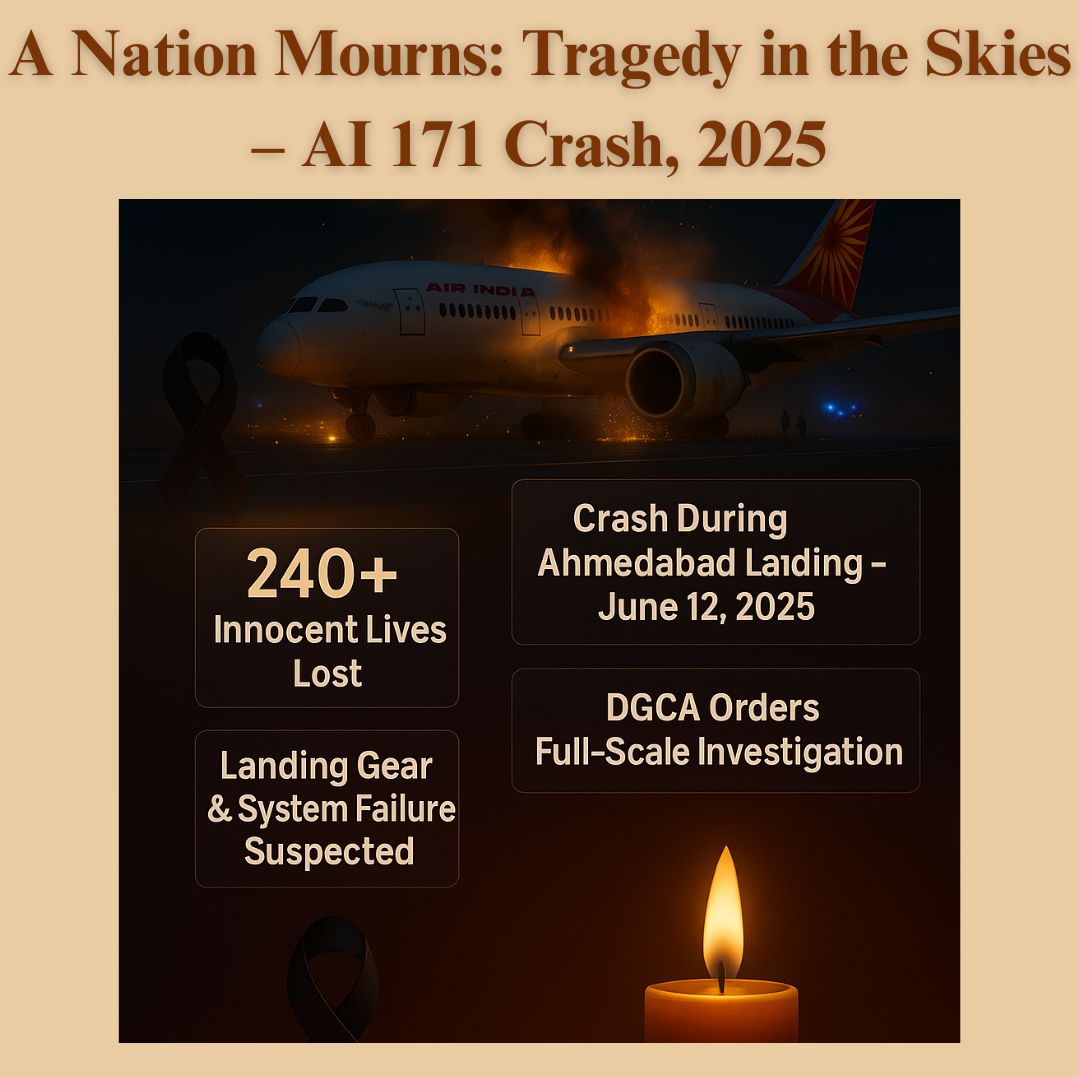 Illustration of a nighttime airport scene showing an Air India Dreamliner aircraft on the runway, surrounded by emergency lights, symbolizing a major aviation incident. Headline text highlights key points: DGCA Investigation, AI 171 Ahmedabad Crash, Passenger Safety, and New Air Safety Protocols.