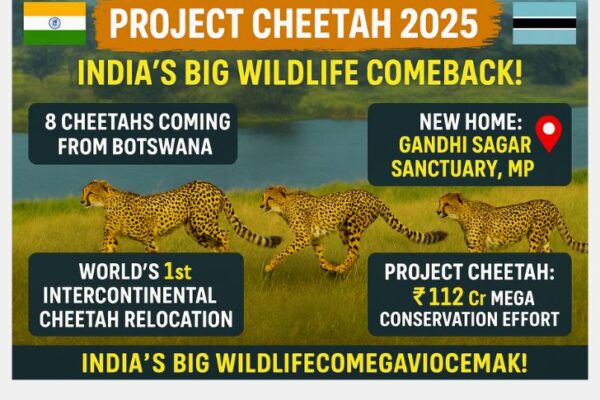 Project Cheetah 2025: 8 Cheetahs to Boost India’s Wildlife in a Historic Conservation Win "Digital poster showing three cheetahs running across grassland with key highlights of Project Cheetah 2025: relocation of 8 cheetahs from Botswana to Gandhi Sagar Sanctuary, MP, featuring flags of India and Botswana, and conservation facts