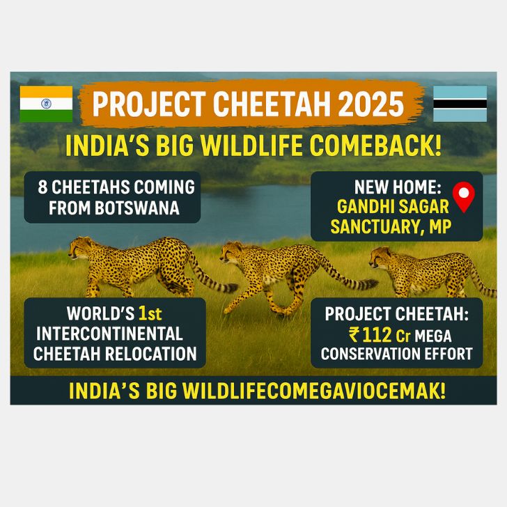 "Digital poster showing three cheetahs running across grassland with key highlights of Project Cheetah 2025: relocation of 8 cheetahs from Botswana to Gandhi Sagar Sanctuary, MP, featuring flags of India and Botswana, and conservation facts