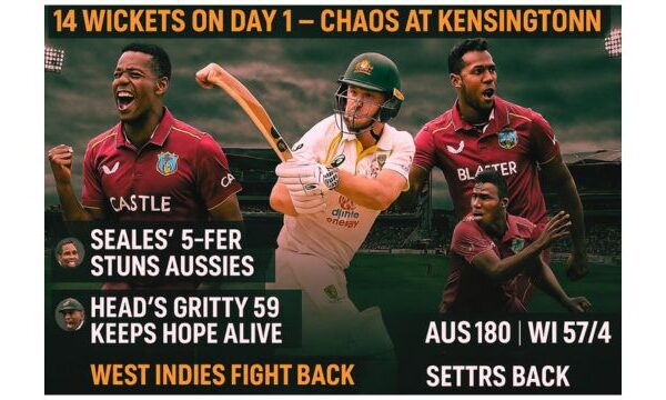 Top 5 Highlights from West Indies vs Australia Test Day 1: Seales & Joseph Steal the Show! West Indies vs Australia Test 2025 Day 1 – Seales’ 5-wicket haul, Travis Head’s gritty 59, 14 wickets fall, and dramatic scoreline at Kensington Oval