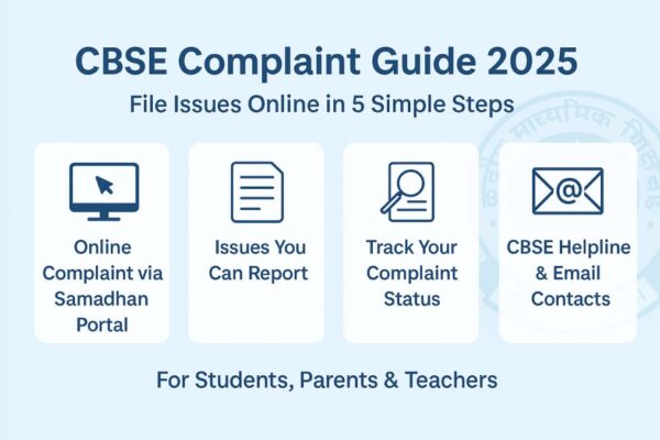 π’ How to Complain to CBSE β Step-by-Step Guide for Students & Parents (2025) Infographic titled 'CBSE Complaint Guide 2025' showing four key steps: Online Complaint via Samadhan Portal, Issues You Can Report, Track Your Complaint Status, and CBSE Helpline & Email Contacts, designed for students, parents, and teachers