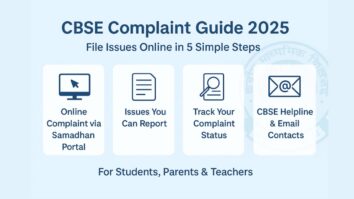 Infographic titled 'CBSE Complaint Guide 2025' showing four key steps: Online Complaint via Samadhan Portal, Issues You Can Report, Track Your Complaint Status, and CBSE Helpline & Email Contacts, designed for students, parents, and teachers