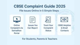 Infographic titled 'CBSE Complaint Guide 2025' showing four key steps: Online Complaint via Samadhan Portal, Issues You Can Report, Track Your Complaint Status, and CBSE Helpline & Email Contacts, designed for students, parents, and teachers