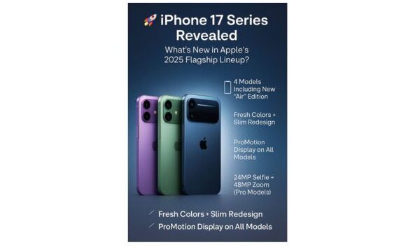 🌟 iPhone 17 Launch 2025: 4 Models, Stunning New Design & Pro Features You’ll Love! Promotional graphic showcasing iPhone 17 series 2025 with four models in new colors, highlighting key features like slim design, ProMotion display, and upgraded cameras