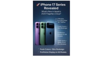 Promotional graphic showcasing iPhone 17 series 2025 with four models in new colors, highlighting key features like slim design, ProMotion display, and upgraded cameras