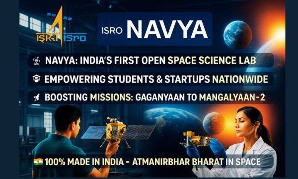 Promotional graphic for ISRO's NAVYA Lab showing scientists working on satellites, with key highlights: India’s first open space science lab, empowering students and startups, supporting missions like Gaganyaan and Mangalyaan-2, and promoting Atmanirbhar Bharat in space technology