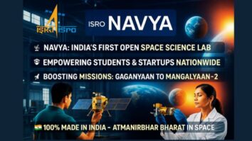 Promotional graphic for ISRO's NAVYA Lab showing scientists working on satellites, with key highlights: India’s first open space science lab, empowering students and startups, supporting missions like Gaganyaan and Mangalyaan-2, and promoting Atmanirbhar Bharat in space technology