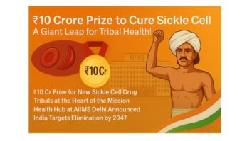 Promotional graphic showing ₹10 Cr prize for sickle cell drug, Birsa Munda, AIIMS Delhi, and key highlights on tribal health mission.