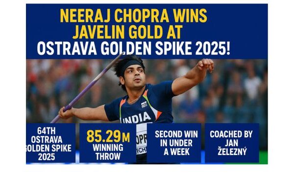 🏅 Neeraj Chopra’s 2nd Gold in 6 Days: Incredible Win at Ostrava Golden Spike 2025! Neeraj Chopra proudly holds his gold medal after winning the javelin throw at the Ostrava Golden Spike 2025, celebrating with the Indian flag in a packed Czech stadium.