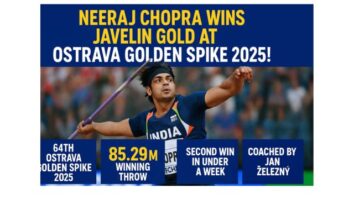 Neeraj Chopra proudly holds his gold medal after winning the javelin throw at the Ostrava Golden Spike 2025, celebrating with the Indian flag in a packed Czech stadium.
