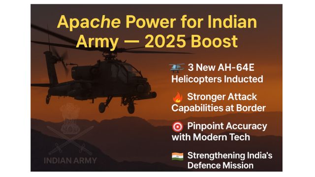 Indian Army inducts 3 Apache AH-64E helicopters in 2025 – featured image showing Apache in flight with defence upgrade highlights