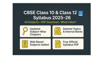 CBSE Class 10 and Class 12 Syllabus 2025–26 featured graphic highlighting updated chapters, deleted topics, skill-based subjects, and free official PDF