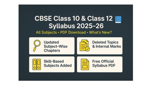 CBSE Class 10 and Class 12 Syllabus 2025–26 featured graphic highlighting updated chapters, deleted topics, skill-based subjects, and free official PDF