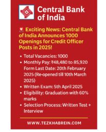 Unlock Your Future: 1000 Central Bank Credit Officer Posts Announced with Impressive Salary! A digital infographic announces the Central Bank of India Credit Officer Recruitment 2025 with 1000 vacancies, key dates, salary details, eligibility, and application process, set on a bold red background with the official bank logo and website link.