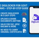 Infographic explaining how to use DigiLocker for government exams with four key points: account creation, document sharing, exam acceptance, and no need for physical certificates.
