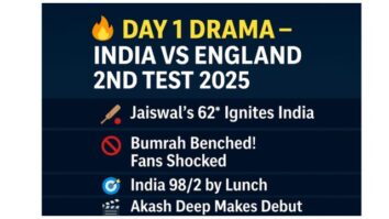 👉 Catch all the Day 1 action from the India vs England 2nd Test 2025, including Jaiswal’s blazing 62*, Bumrah’s surprising absence, and India’s strong 98/2 start, in our full match report from Edgbaston.