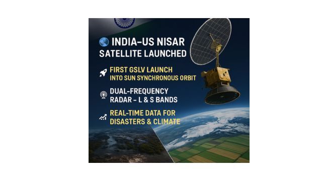 A digital infographic showing the India–US NISAR satellite orbiting Earth, with key highlights: GSLV launch, dual-frequency radar, and real-time climate data.