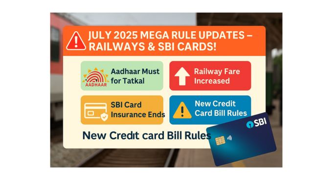 A digital informational graphic showing major updates from July 2025 in Indian Railways and SBI Credit Cards. Highlights include Tatkal Aadhaar rule, fare hike, credit card insurance removal, and 8-hour reservation chart timing. Vibrant colors and icons make the data easy to understand