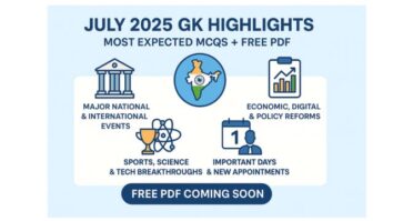 Flat-design infographic highlighting July 2025 GK MCQs, featuring key updates on economic reforms, global sports events, tech breakthroughs, and cultural milestones.