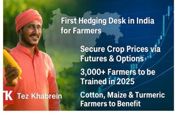 Maharashtra Empowers Farmers: 3 Game-Changing Benefits of New Hedging Desk 2025 🚀 Farmer holding maize with rising stock chart and Maharashtra map, highlighting Maharashtra’s Hedging Desk benefits for cotton, maize, and turmeric growers.