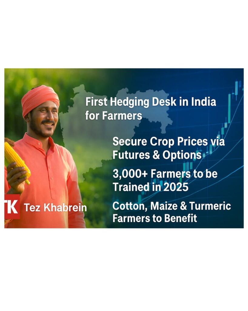 Farmer holding maize with rising stock chart and Maharashtra map, highlighting Maharashtra’s Hedging Desk benefits for cotton, maize, and turmeric growers.