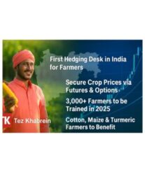 Farmer holding maize with rising stock chart and Maharashtra map, highlighting Maharashtra’s Hedging Desk benefits for cotton, maize, and turmeric growers.