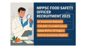 Illustration of a food safety officer examining produce with a magnifying glass beside key details of MPPSC Food Safety Officer Recruitment 2025, including 67 vacancies, salary, eligibility, and apply date.