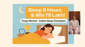 Illustration of a young woman peacefully sleeping in bed with a trophy and alarm clock on a nightstand, and text that reads 'Sleep 9 Hours & Win ₹9 Lakh! Pooja Wavhal – India’s Sleep Champion' against a calming blue background with moon and stars.