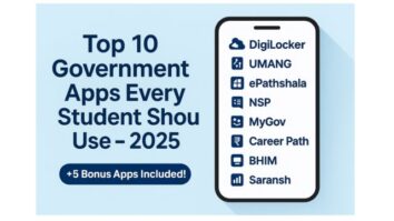 Smartphone graphic showing top 10 government apps for students in 2025 with app names and a blue background.