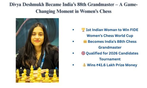 Divya Deshmukh Became India’s 88th Grandmaster – A Game-Changing Moment in Women’s Chess Divya Deshmukh becomes India’s 88th Grandmaster – Highlights include winning the FIDE Women’s Chess World Cup, qualifying for 2026 Candidates Tournament, and earning ₹41.6 lakh prize money